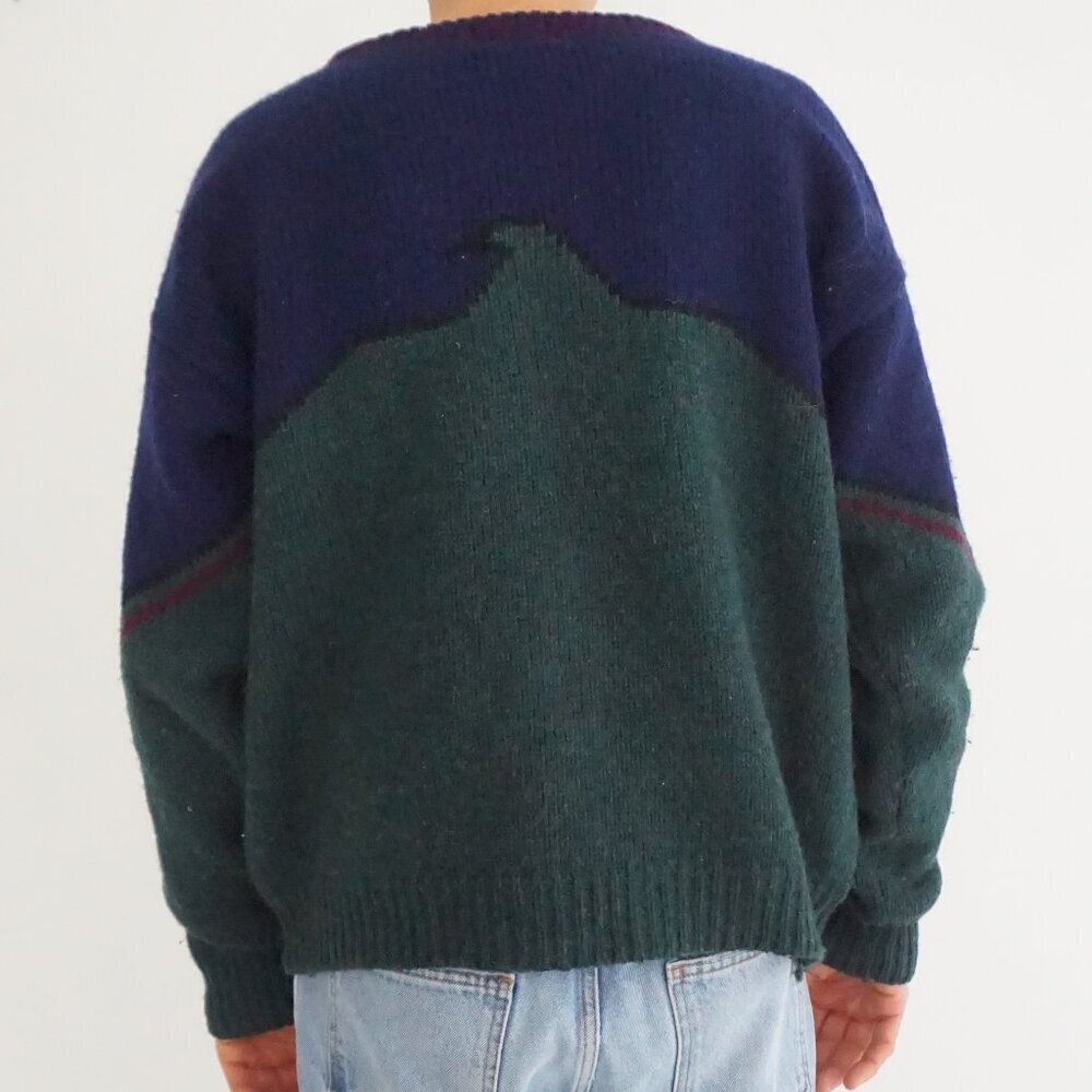 Vintage 90s' Woolrich Knit Sweater Navy Green Geometric Eclectic Grandpa Large - Picture 2 of 10